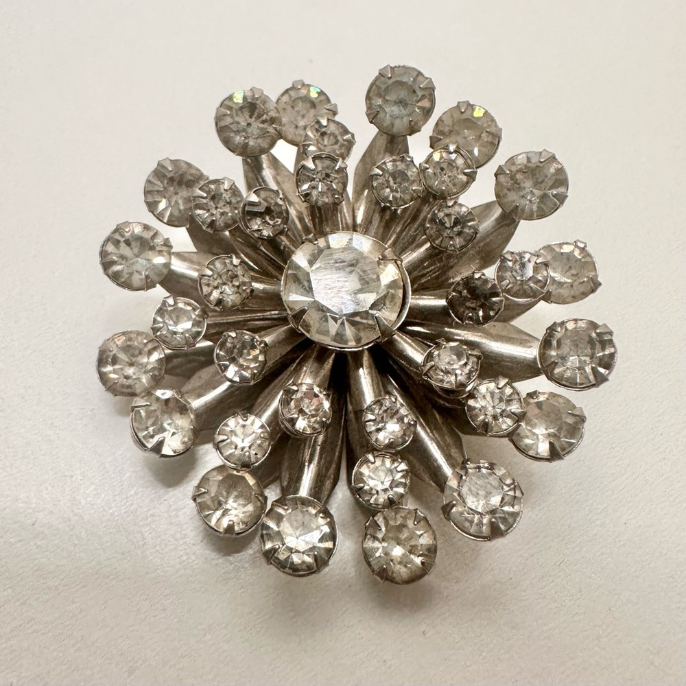 Vintage Rhinestone and Silver Brooch Round Cut Stones